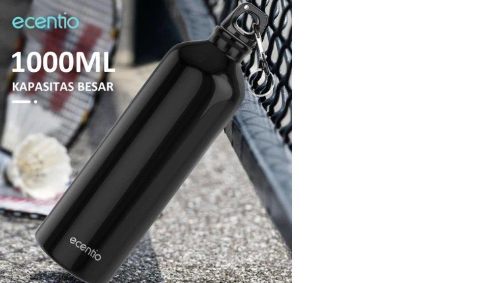 ecentio Botol Minum 1000ml aluminium Sports Water Bottle Bpa Free Tumbler Botol Minum Olahraga Hitam