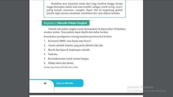 Kunci Jawaban Bahasa Indonesia Kelas 9 Halaman 48 Kurikulum 2013 : Menulis Pidato Singkat