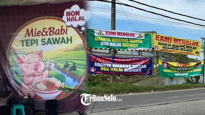 DITOLAK WARGA - Warung Mie Babi Tepi Sawah di Desa Parangjoro, Kecamatan Grogol, Kabupaten Sukoharjo, yang ditolak warga, Senin (20/4/2026). Aksi penolakan warga mulai dari penutupan akses jalan hingga pemasangan spanduk.