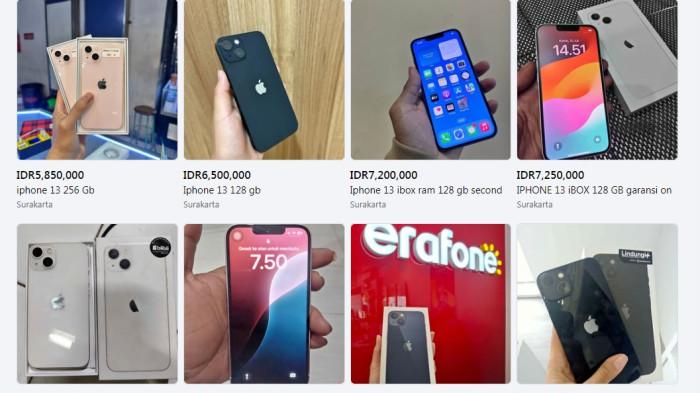 ETALASE FACEBOOK - Daftar harga pasaran iPhone 13 bekas pada Jumat (13/8/2025) di marketplace Facebook area Solo Raya, Jawa Tengah, Berikut pasaran harga iPhone bekas di Solo Raya untuk referensi. (Facebook).