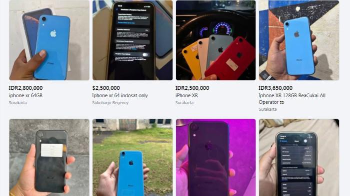 ETALASE FACEBOOK - Daftar harga pasaran iPhone bekas pada Rabu (6/8/2025) di marketplace Facebook area Solo Raya, Jawa Tengah, Berikut pasaran harga iPhone bekas di Solo Raya untuk referensi. (Facebook) (Facebook)