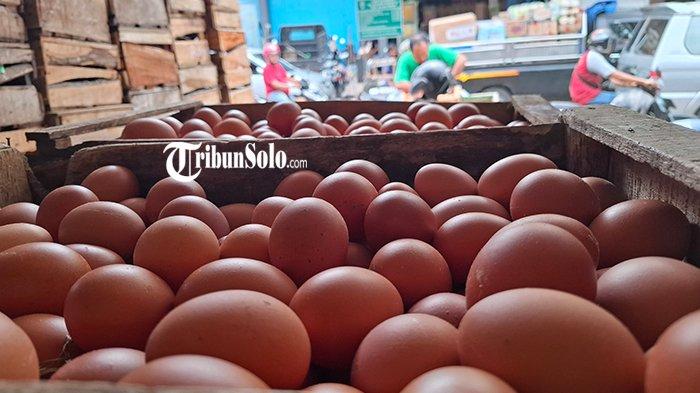 HARGA TELUR NAIK. Komoditas telur di Pasar Bunder Sragen, yang mulai mengalami kenaikan harga jelang puasa, Rabu (26/2/2025). Setiap hari, harga telur naik antara Rp 200 - Rp 500 per kilogram.