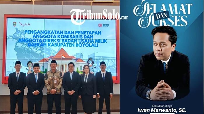 BERFOTO BERSAMA. Kolase foto bersama Iwan Marwanto (ketiga dari kanan) saat foto bersama Bupati Boyolali Agus Irawan (ketiga dari kiri) usai dilantik sebagai Direktur Utama Pudam Tirta Ampera Boyolali, Selasa (19/8/2025). Pelantikan ini tuai polemik karena diduga Iwan Marwanto DPO Kejari Wonogiri.
