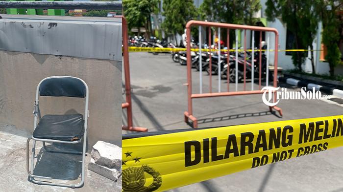 KURSI HITAM - Kursi hitam yang digunakan mahasiswi UIN Raden Mas Said Surakarta sebagai pijakan sebelum meloncat dari lantai 5 gedung laboratorium kampus itu, di Kartasura, Sukoharjo Jumat (17/10/2025). Mahasiswi tersebut diduga melakukan percobaan bunuh diri dan akhirnya tewas.
