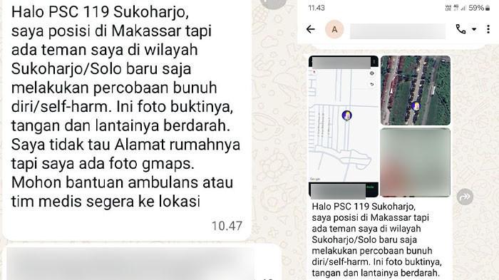 LAPORAN PALSU - Tangkap layar percakapan WhatsApp kepada Relawan ambulans di Kecamatan Gatak, Kabupaten Sukoharjo, yang menerima laporan dugaan percobaan bunuh diri, Kamis (21/5/2026). Setelah dilakukan pengecekan ke lokasi, ternyata laporan itu palsu atau hoaks,