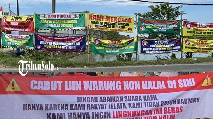 SPANDUK PENOLAKAN - Spanduk penolakan terhadap warung non halal di Kampung Sudimoro, Desa Parangjoro, Kabupaten Sukoharjo, Jawa Tengah. Di tengah gelombang penolakan yang terus muncul, pengelola Mie Babi Tepi Sawah tetap menjalankan aktivitas usaha seperti biasa.