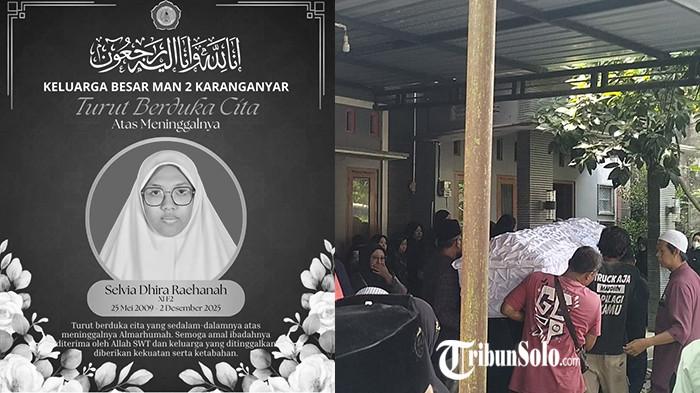 TEWAS KECELAKAAN - Suasana rumah duka siswi MAN 2 Karanganyar yang tewas pasca terlibat kecelakaan di Jalan Solo-Purwodadi, Kecamatan Gondangrejo, Kabupaten Karanganyar, Selasa (2/12/2025). Korban asal RT 05, RW 03, Dusun/Desa Selokaton, Kecamatan Gondangrejo, Kabupaten Karanganyar itu tewas seketikadiduga terlindas truk usai bersenggolan dengan motor saat berusaha menyalip truk tersebut.