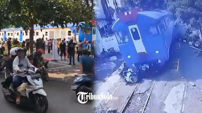 TERSERET 2 METER - Kecelakaan lalu lintas antara KA Batara Kresna dengan sepeda motor Honda Beat terjadi di rel bengkong Purwosari, Solo, Minggu (19/4/2026) pagi. Insiden ini menyebabkan pengendara motor terseret sejauh 2 meter dan penumpang motor terpental.