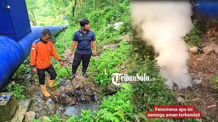 VIRAL ASAP PUTIH - Petugas BPBD Wonogiri melakukan pengecekan lokasi semburan asap putih yang keluar dari dalam tanah, Kamis (30/4/2026). Sebelumnya beredar di media sosial video yang menunjukkan adanya asap putih yang keluar dari tanah di pinggiran sungai di Wonogiri. Video itu beredar di media sosial hingga pesan berantai di WhatsApp (WA).