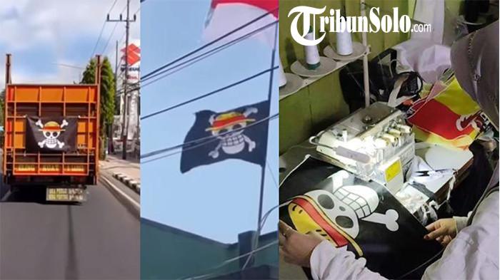 BENDERA ONE PIECE. Kolase penggunaan bendera one piece (kiri) dan Pegawai konvensi di Kabupaten Karanganyar sedang merapikan pesanan bendera One Piece, Jum'at (1/8/2025). Fenomena anime asal negeri Jepang One Piece mulai naik di media sosial di masyarakat Indonesia jelang HUT ke-80 Kemerdekaan RI