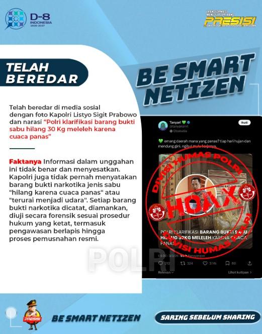 Beredar Hoax Foto Listyo Sigit Prabowo dengan narasi bahwa barang bukti sabu hilang karena cuaca panas.