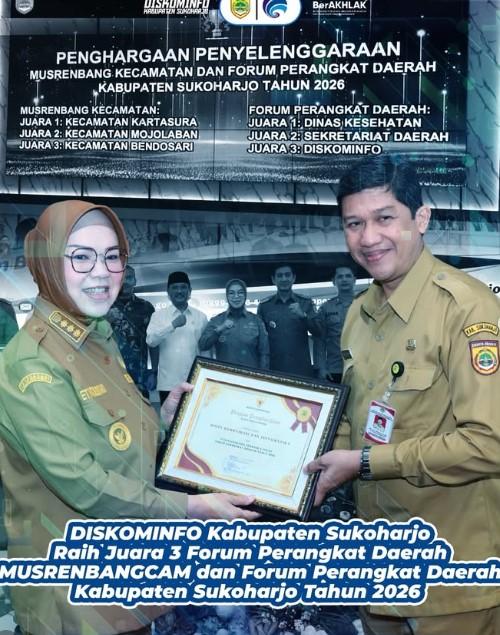 Dinas Kominfo Kabupaten Sukoharjo Raih Juara 3 dalam Penghargaan Penyelenggaraan Musrenbang Kecamatan dan Forum Perangkat Daerah 2026
