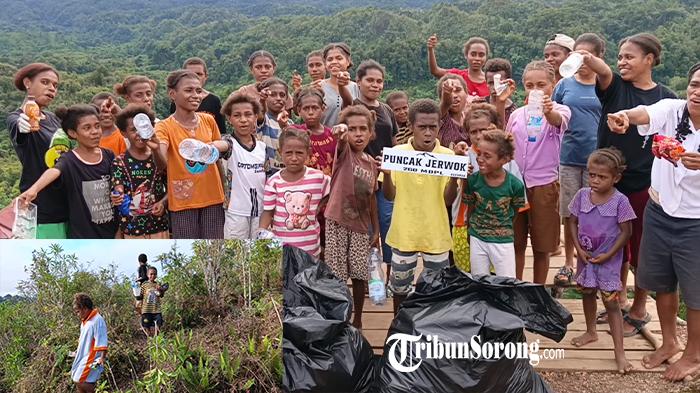 Keren! Anak-anak di Sorong Selatan Gotong Royong Bersihkan Sampah Plastik di Puncak Jerwok