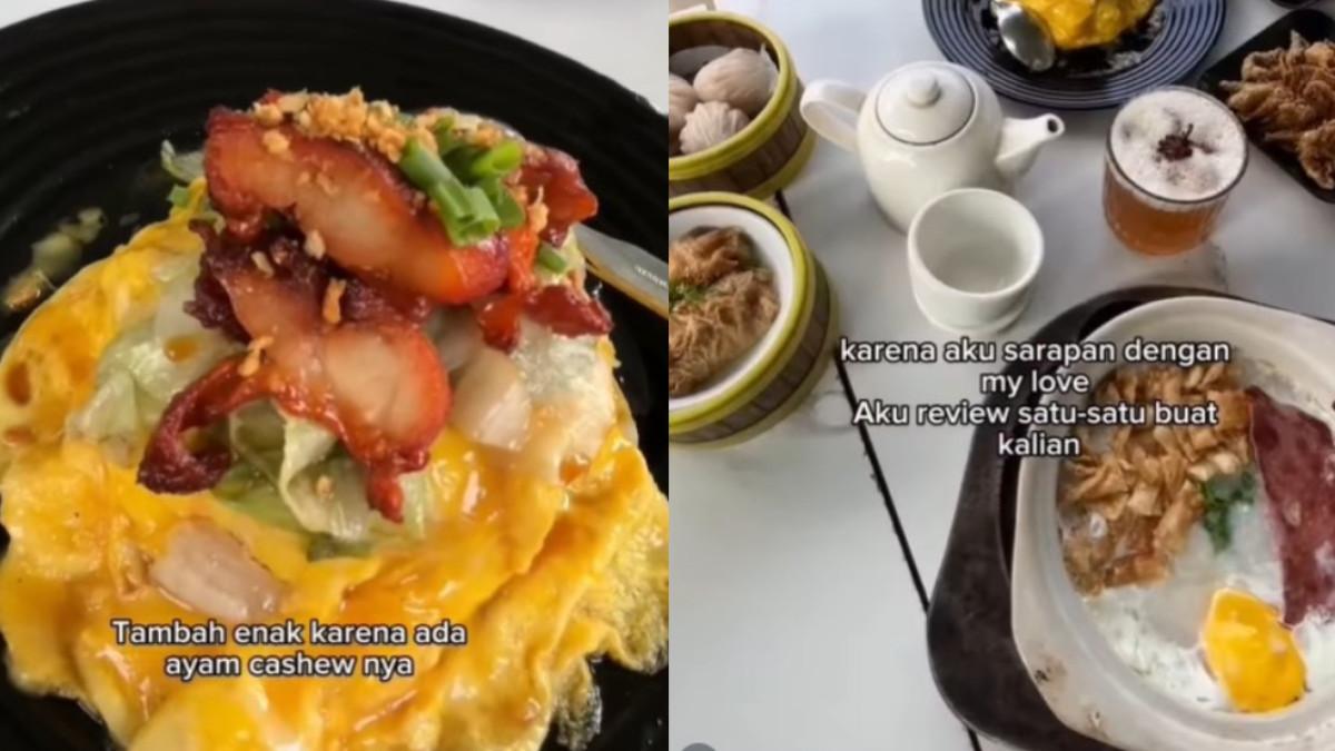 Ada bubur claypot dengan topping smoke beef dan telur setengah matang yang disajikan panas dalam mangkuk tanah liat.