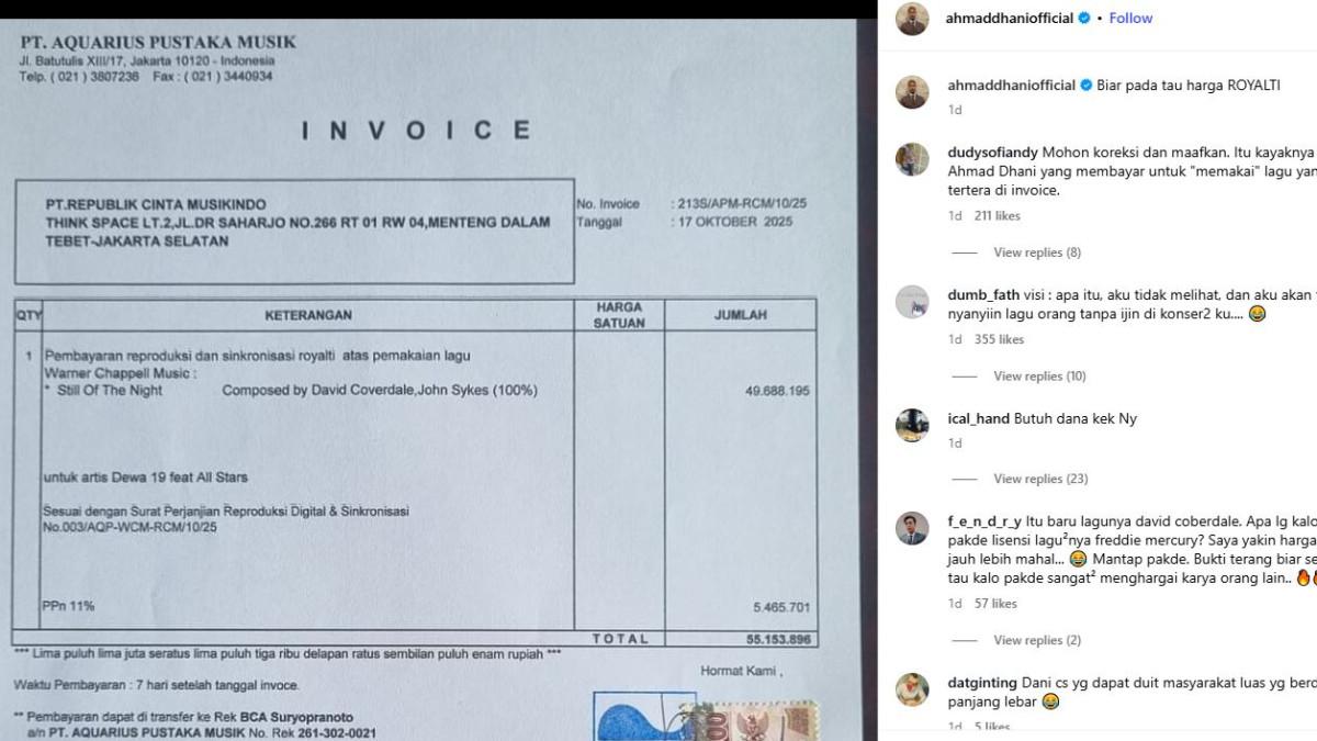 Ahmad Dhani mengunggah bukti invoice Rp 55 juta pembayaran royalti atas pemakaian lagu.