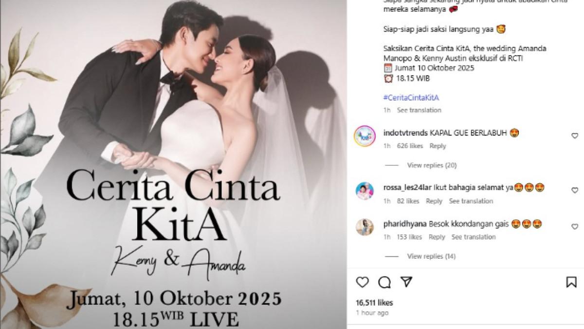DISIARKAN LANGSUNG - Dalam unggahannya pada Kamis, 9 Oktober 2025, akun @officialrcti bakal menayangkan pernikahan Amanda Manopo dan Kenny Austin yang akan digelar Jumat, 10 Oktober 2025.