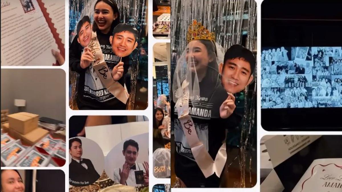 BRIDAL SHOWER - Amanda Manopo mengenakan outfit hitam berlengan panjang bergambar foto prewedding-nya, dengan tulisan “Wedding News Kenny dan Amanda Are Married Happily.”