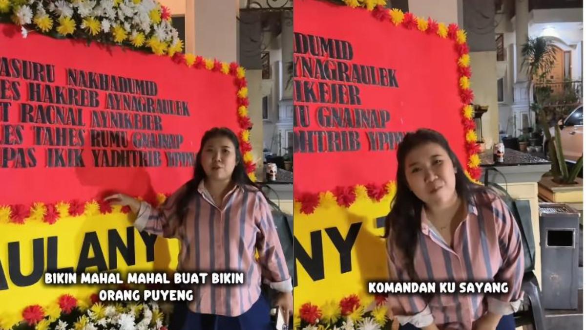 KARANGAN BUNGA NYELENEH - Andre Taulany memang sengaja mencetak seluruh ucapan selamat dengan huruf terbalik (mirror writing), sehingga tampak seperti sandi misterius bagi siapa pun yang melihatnya sekilas.