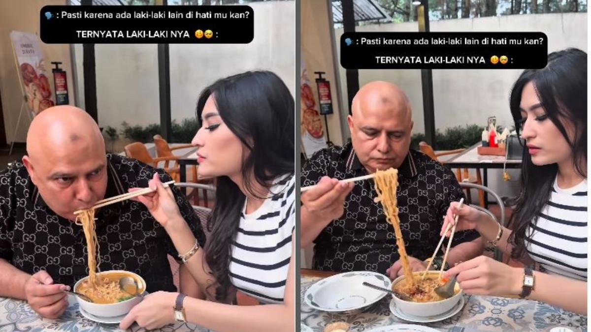 CERAI - Angbeen Rishi tampak menyuapi sang ayah semangkuk mi dengan senyum hangat di wajahnya.