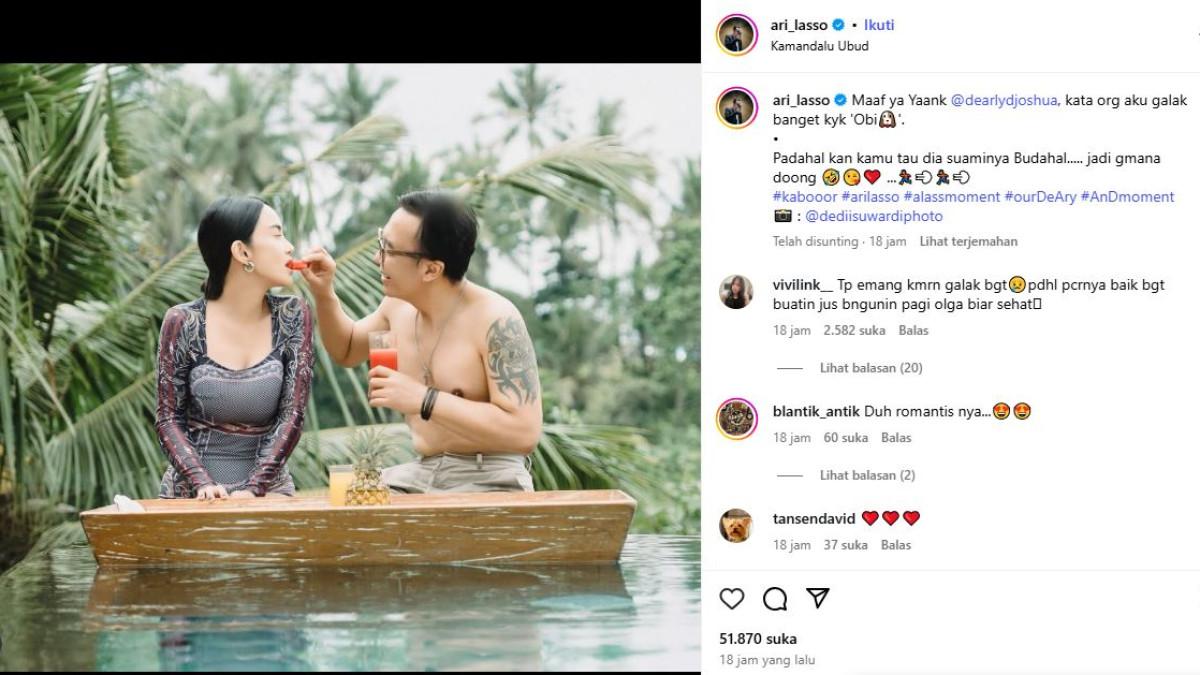 Ari Lasso mencoba meredakan suasana dengan membagikan potret romantis bersama Dearly Joshua di Instagram.