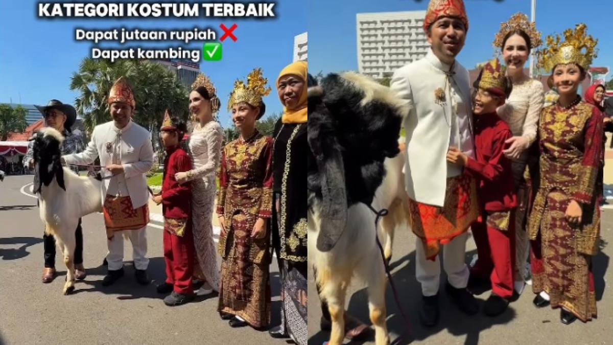 BAJU ADAT TERBAIK - Arumi Bachsin dapat hadiah kambing usai menang baju adat terbaik di upacara HUT ke-80 RI. 