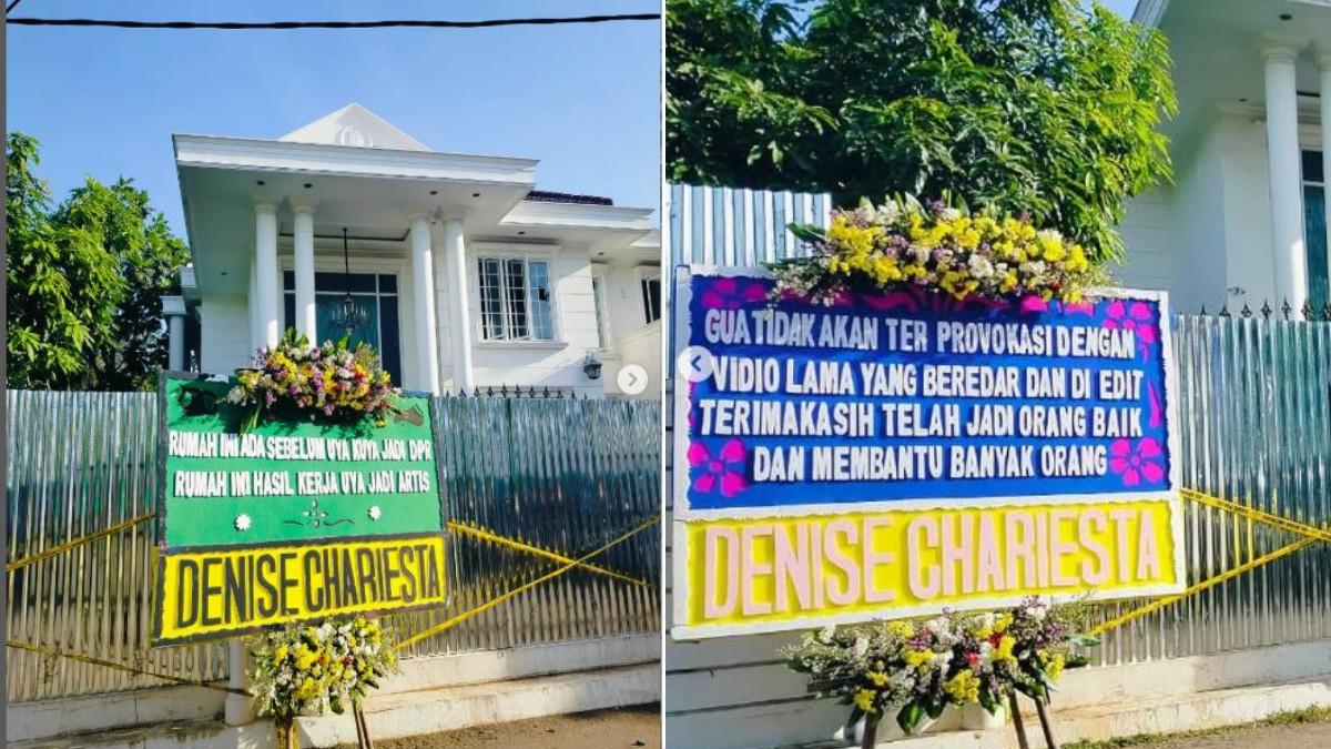 KARANGAN BUNGA DI RUMAH UYA KUYA - Dalam karangan bunga tersebut, Denise Chariesta menuliskan dukungan untuk Uya Kuya dan sang istri, Astrid Kuya.