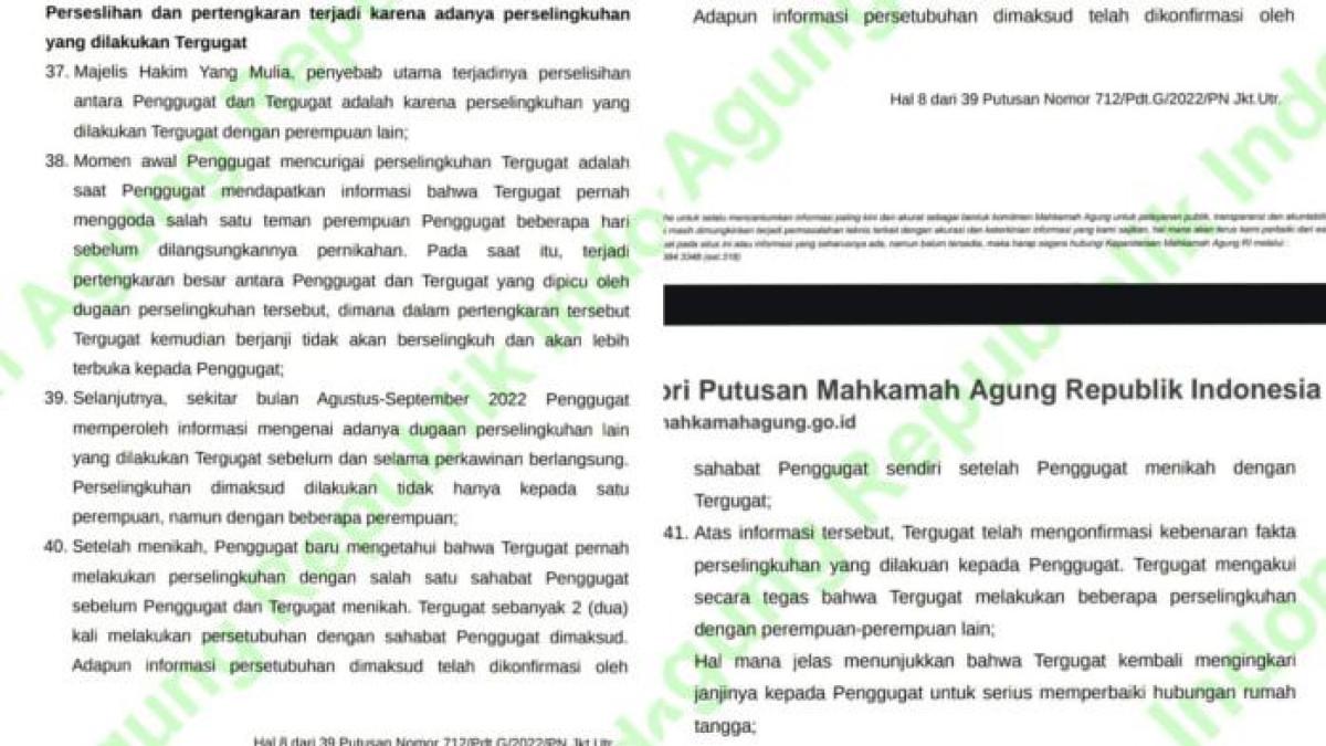 Dokumen putusan cerai diduga milik Reza Arap bocor, mengungkap detail perselingkuhan hingga dugaan hubungan badan dengan sahabat Wendy Walters.