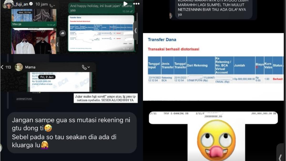 Fuji membagikan mutasi rekening yang memperlihatkan transfer rutin kepada sang ibu, Dewi Zuhriati dengan nominal mulai dari Rp10 juta hingga Rp50 juta untuk berbagai kebutuhan.