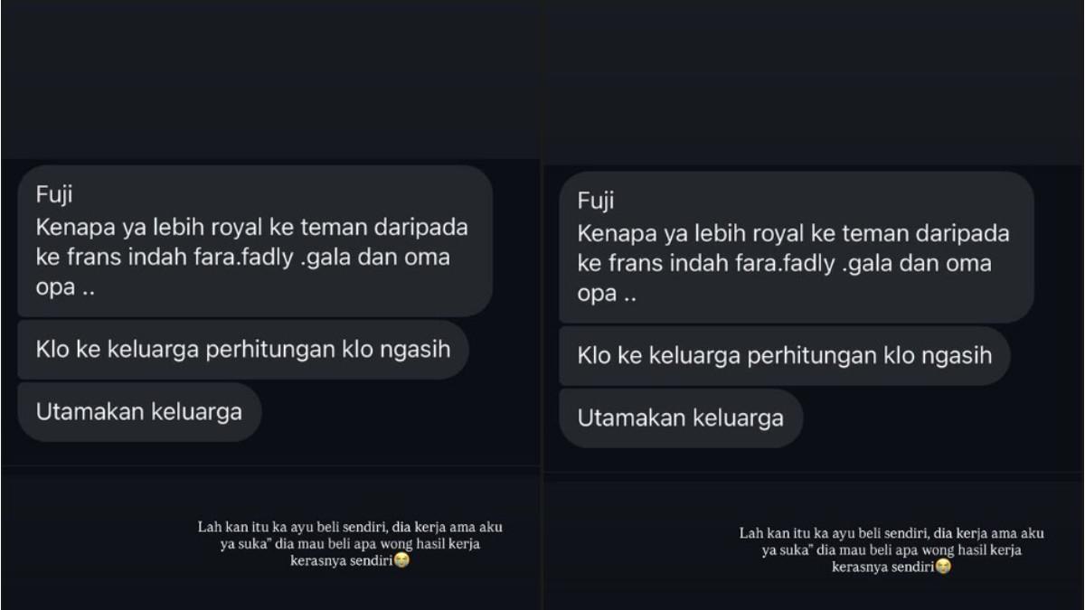Fuji menanggapi langsung pesan dari seorang netizen yang menyebut dirinya terlalu perhitungan kepada keluarga, termasuk kepada saudara dan orang tuanya.