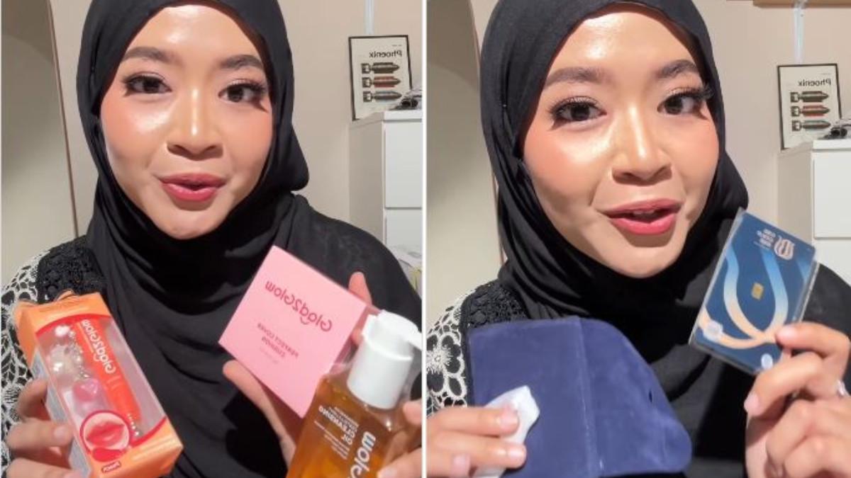ISI SOUVENIR - Irbah kemudian melanjutkan sesi unboxingnya. Dari dalam tas, ia mengeluarkan tumbler lucu berwarna matcha hingga aksesori ponsel yang tak kalah menarik.