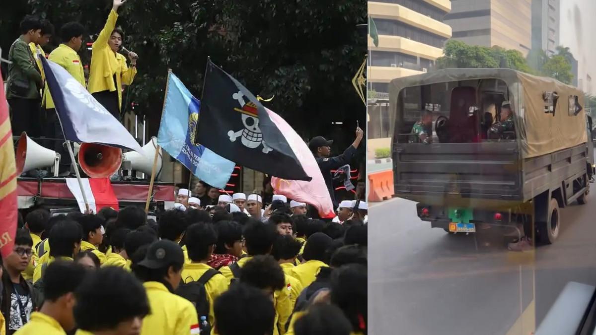 DEMO BEM UI - Kolase potret ilustrasi demo dan truk pengakut personel TNI yang melintas di kawasan Rasuna Said jelang demo BEM UI di Jakarta pada Jumat (12/6/2026)