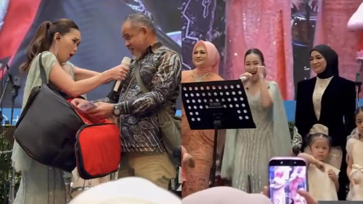 Lelaki tersebut membawa segepok uang ke hadapan Ayu Ting Ting yang sedang membawakan lagu Minyak Wangi di atas panggung.