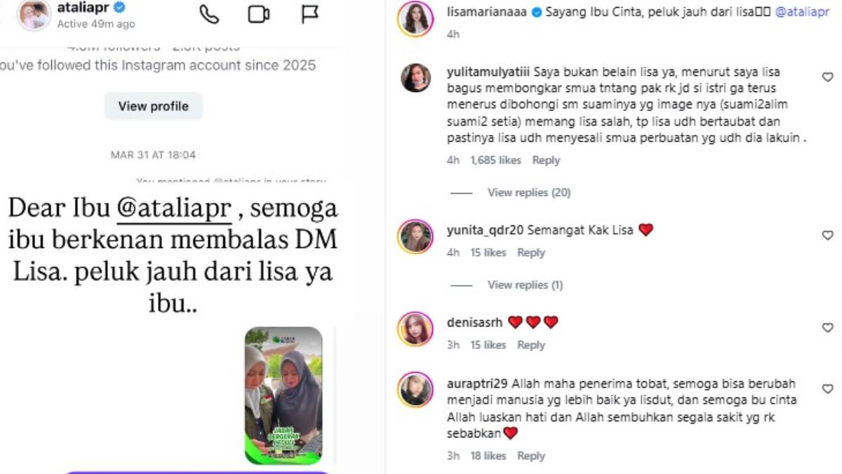 Lisa Mariana membagikan tangkapan layar pesan langsung (direct message/DM) yang ia kirimkan kepada Atalia Praratya.