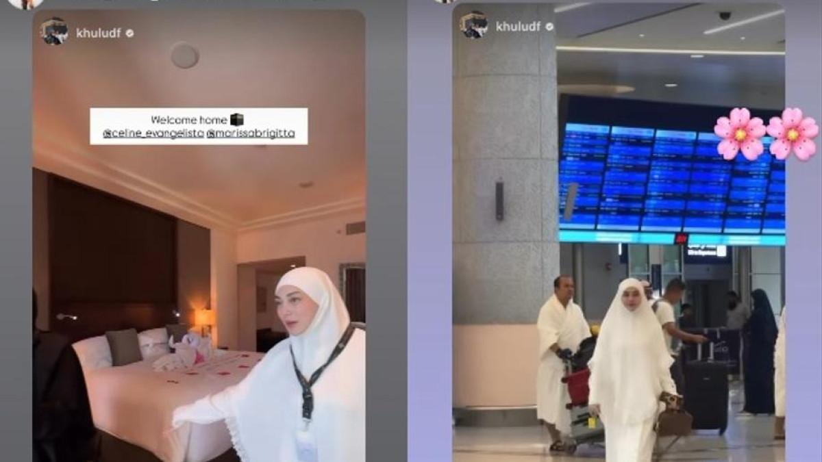 DIPANGGIL USTADZAH - Momen Celine Evangelista kembali ke tanah suci, disapa ustadzah oleh kolega, Selasa (16/9/2025).