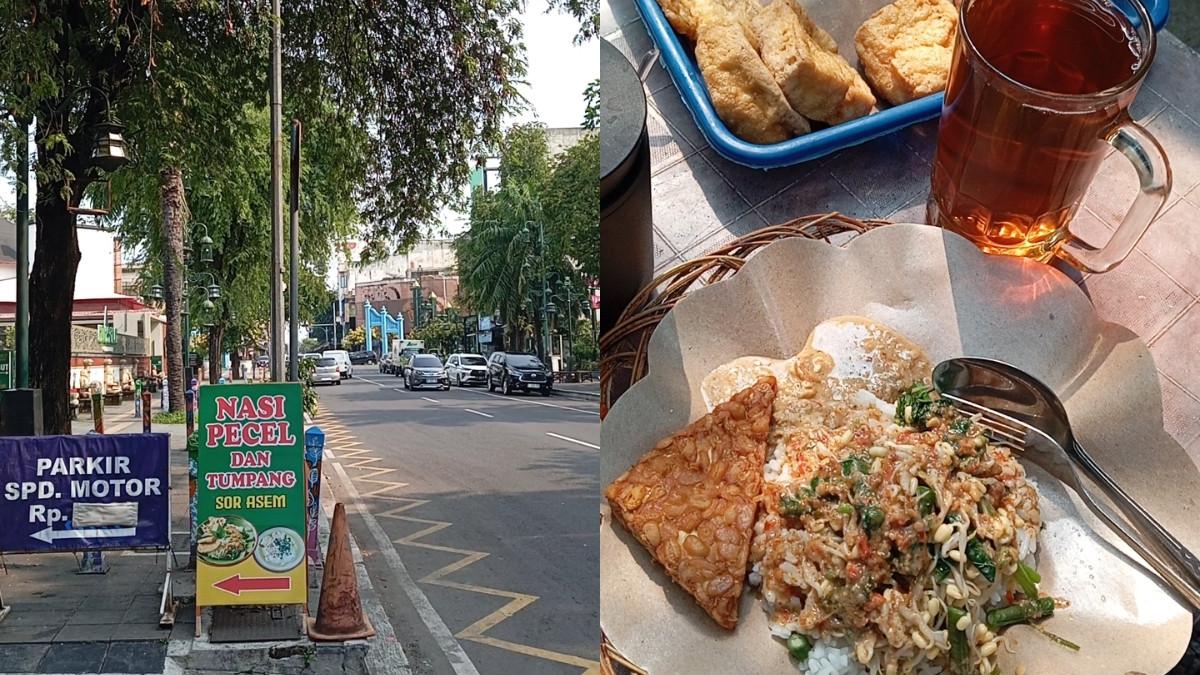Sepiring Nasi Pecel Tumpang Sor Asem - Nasi putih dengan tambahan rebusan sayur hijau lalu disiram sambal tumpang.