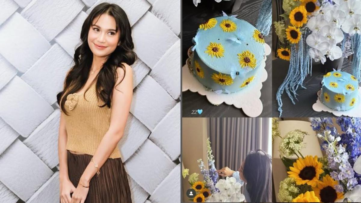 ULTAH PERDANA JADI JANDA - Perempuan yang akrab disapa Zize itu memamerkan kue ulang tahun berwarna biru dengan hiasan bunga matahari dan ornamen kupu-kupu biru yang cantik.