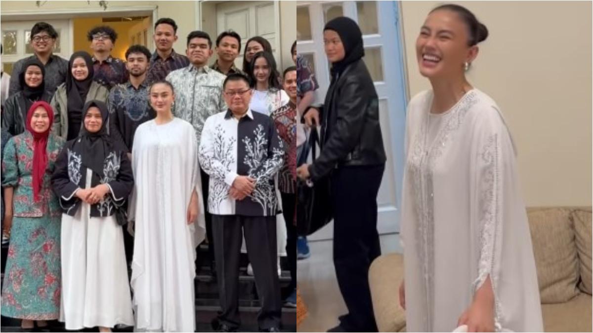 Potret Agnez Mo kenakan gamis putih saat bukber di KJRI Dubai
