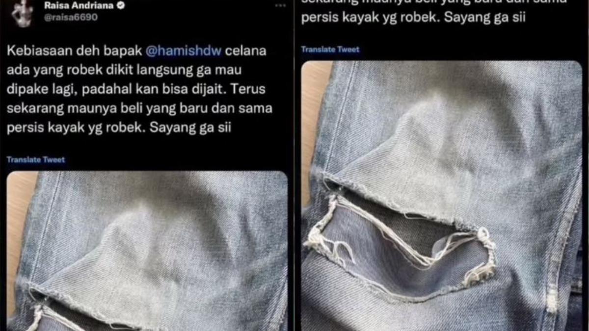 Raisa menulis keluhan ringan tentang celana sang suami yang robek sedikit namun langsung dibuang.