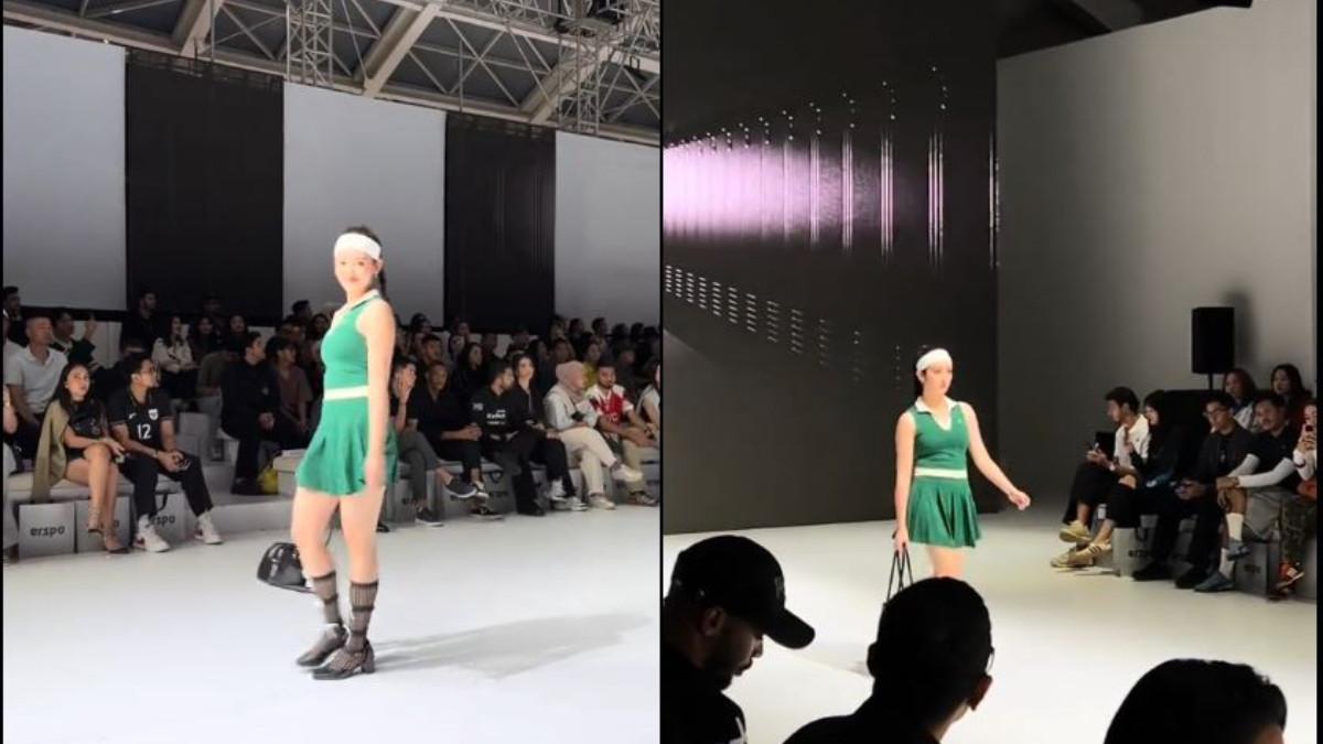 ADU GAYA - Ranty Maria tampil memukau dalam mini dress hijau bergaya sporty yang diperkaya dengan detail kerah dan aksen plisket bernuansa feminin.