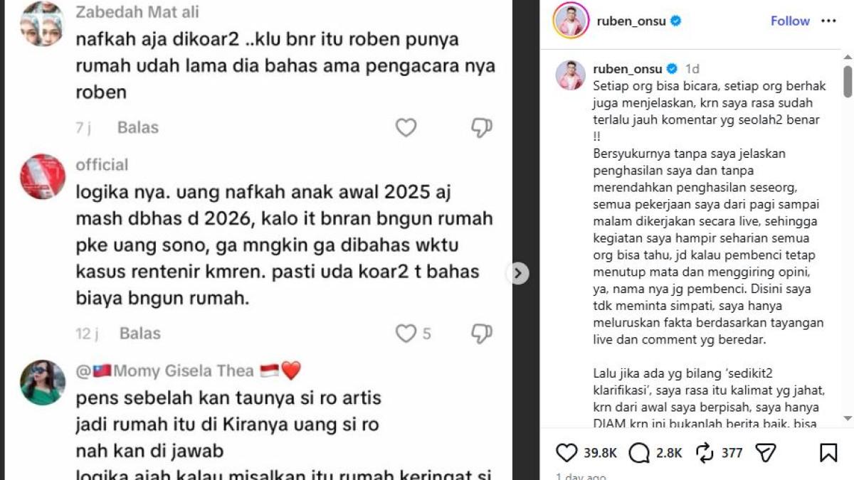 Ruben secara terbuka meluapkan kekesalannya terhadap komentar-komentar netizen yang meragukan perjuangannya selama bekerja dan mencari nafkah untuk keluarga.