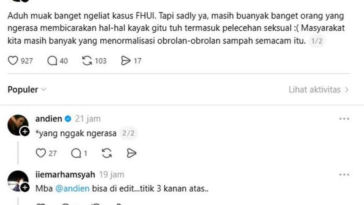 Andien muak lihat kasus pelecehan mahasiswa FH UI