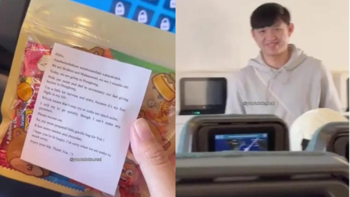BAGI-BAGI BINGKISAN - Ustaz Dennis Lim merasa cemas akan kemungkinan anaknya menangis dan membuat tidak nyaman penumpang lain selama di udara. Ia lantas bagikan bingkisan berisi cokelat dan catatan kecil menyentuh.
