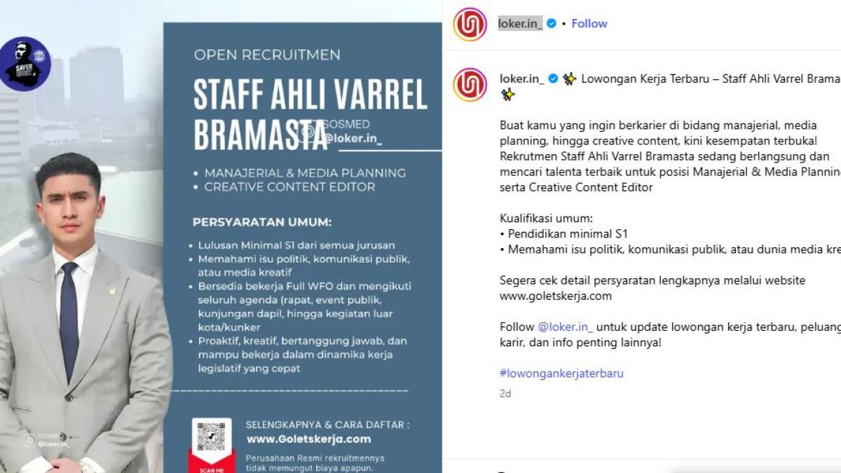 Verrell Bramasta mencari tenaga profesional yang mampu terlibat langsung dalam proses kerja legislatif serta menjalankan fungsi representasi masyarakat.