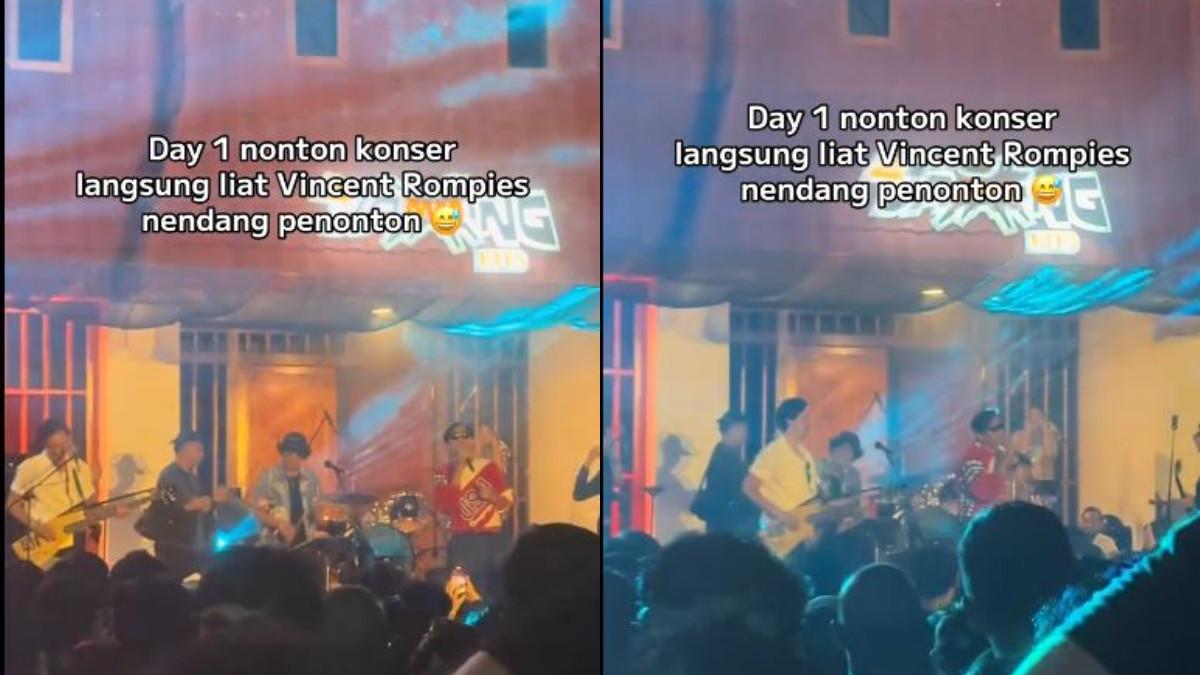 TENDANG PENONTON - Vincent Rompies yang berdiri dekat set drum elektrik tampak melangkah maju dengan bass di pundaknya, lalu menendang pria tersebut. 