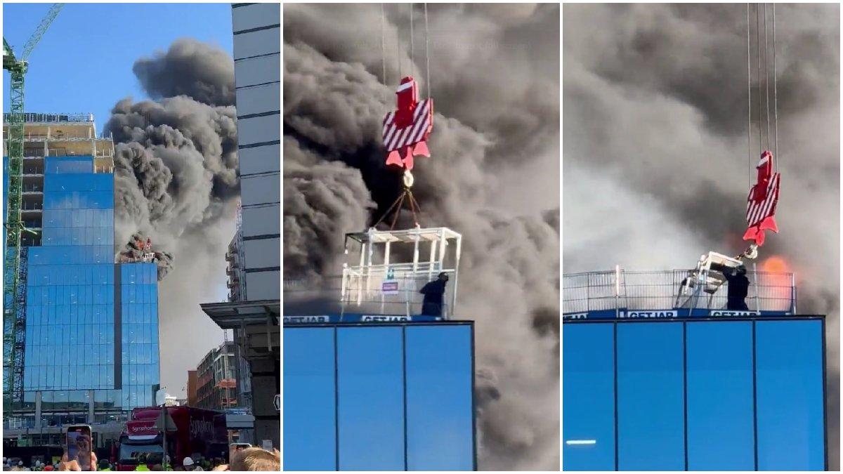 NGERI Detik-detik Penyelamatan Tukang Bangungan Terjebak di Atas Gedung yang Terbakar Hebat