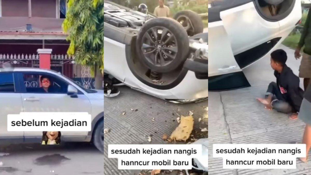Ujung-ujungnya Mewek! Bocah SMP Pamer Nyetir Sambil Joget-joget, Apes Nabrak Pohon, Mobil Terbalik