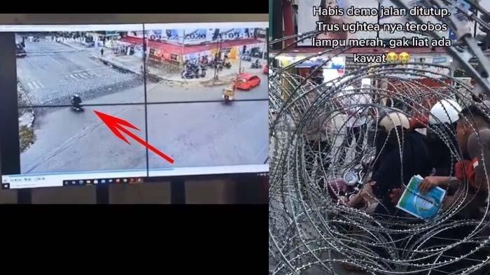 VIRAL Ibu-ibu Naik Motor Lalu Nyangkut di Berikade Kawat Berduri, Ini Video Rekaman CCTV-nya