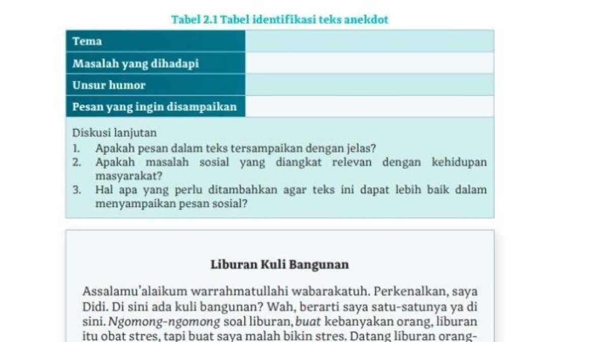 Soal buku Bahasa Indonesia Kelas 10 halaman 30 Kurikulum Merdeka - Kunci jawaban Bahasa Indonesia Kelas 10 halaman 30 Kurikulum Merdeka, Identifikasi Teks Anekdot, Bab 2 Mengungkap Kritik Lewat Senyuman, semester 1.