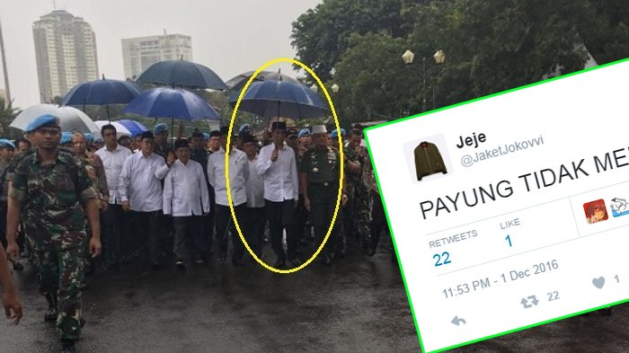 Humor Receh! Akun Twitter 'Jeje' Si Jaket Jokowi, Ngejek Payung Joko Widodo di Aksi Damai 212