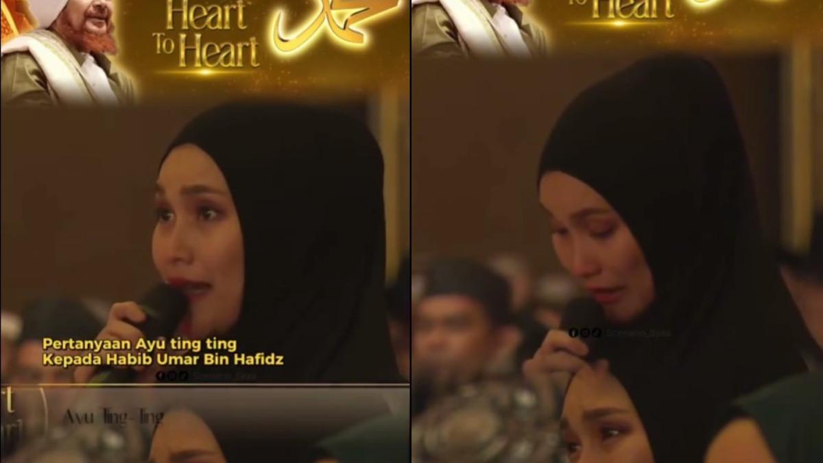 CURHAT - Di tengah lautan jemaah yang memenuhi kajian Habib Umar bin Hafidz, pedangdut Ayu Ting Ting tak kuasa membendung air matanya.